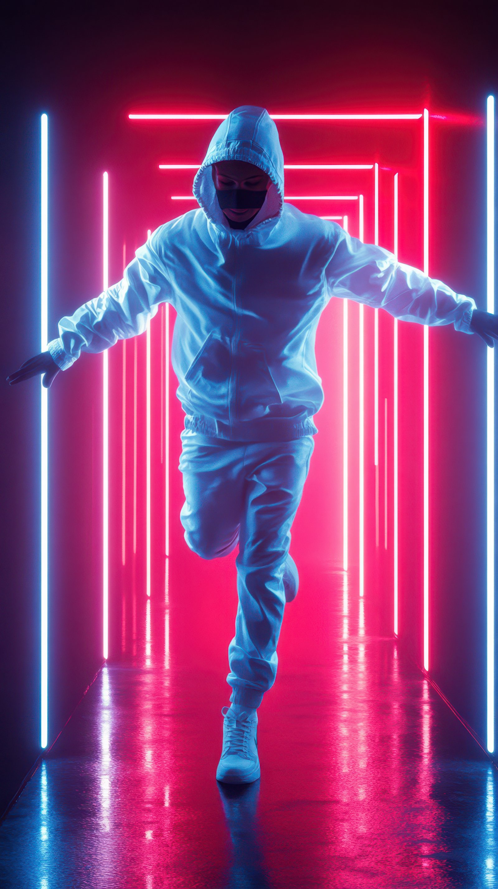 Dancer in glowing corridor performing an energetic routine at night in a futuristic setting